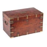 AN 18TH CENTURY CAMPHORWOOD OFFICERS TRUNK with brass corners, strapwork and fitted side handles;