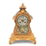 A LATE 19th CENTURY FRENCH ORMOLU AND SEVRES STYLE PORCELAIN PANELED MANTEL CLOCK having acanthus