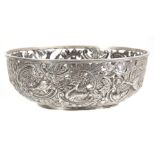 A FINE 18th/19TH CENTURY IRISH SILVER PIERCED AND REPOSE BOWL decorated with a leprechaun, birds and