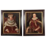 A PAIR OF 17TH CENTURY OIL ON CANVAS PORTRAITS ONE OF JAMES I AND THE OTHER OF HENRY PRINCE OF WALES