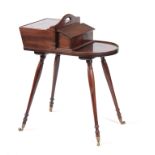 A 19TH CENTURY MAHOGANY BUTLERS CUTLERY STAND with a hinged compartment to one side, shaped carrying