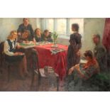 AN EARLY 20TH CENTURY RUSSIAN SCHOOL OIL ON CANVAS - interior scene with students and a Russian