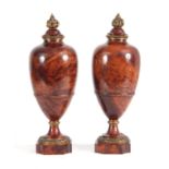 A FINE PAIR OF 19TH CENTURY BURR YEW-WOOD ORMOLU MOUNTED URNS with flame finials and bulbous