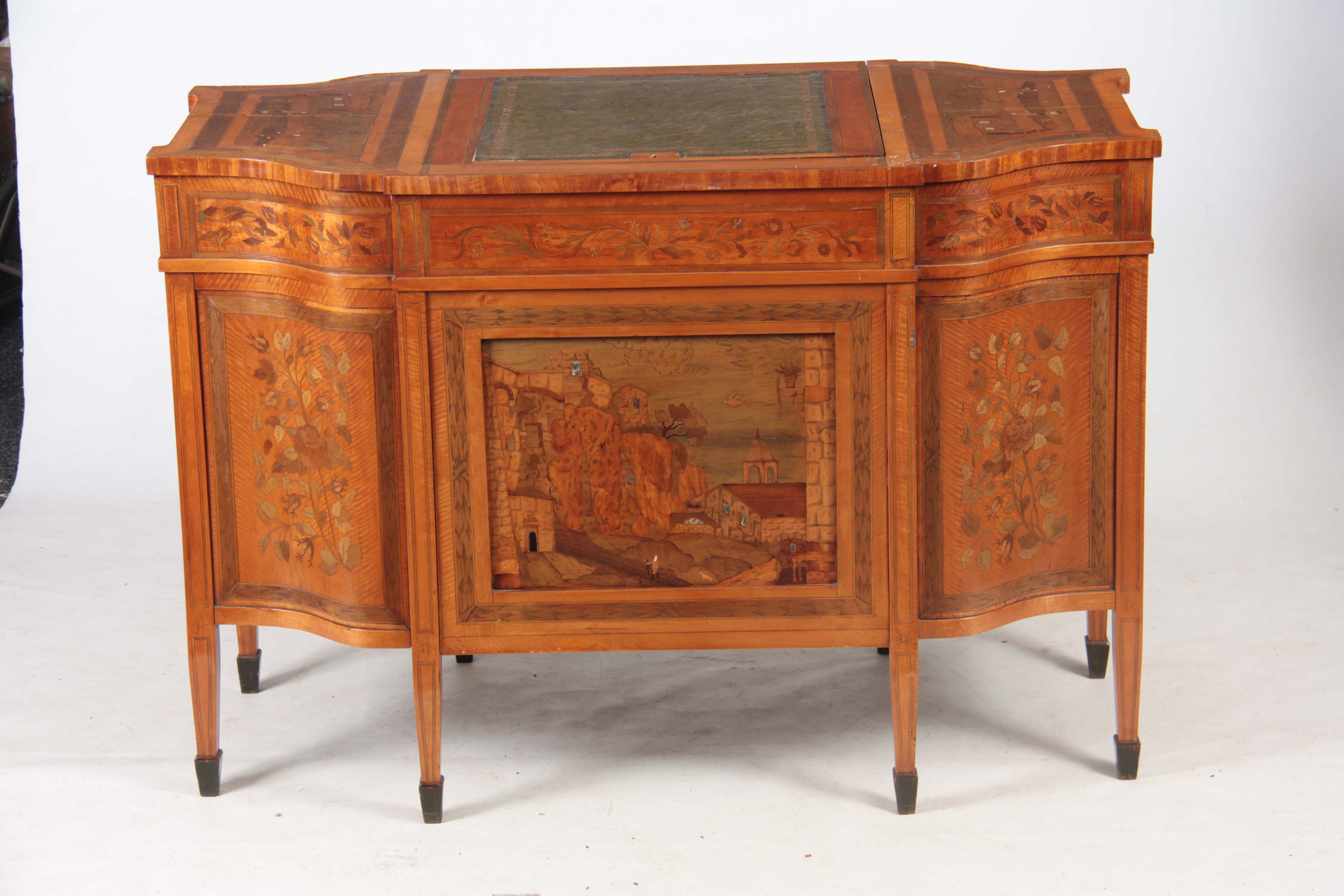 AN UNUSUAL FREESTANDING VICTORIAN SATINWOOD INLAID DESK with floral inlaid serpentine drawers to the - Image 7 of 8