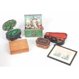 A LOT OF SIX ITEMS including a musical toy box, an inlaid music box, a Sorrento ware box,