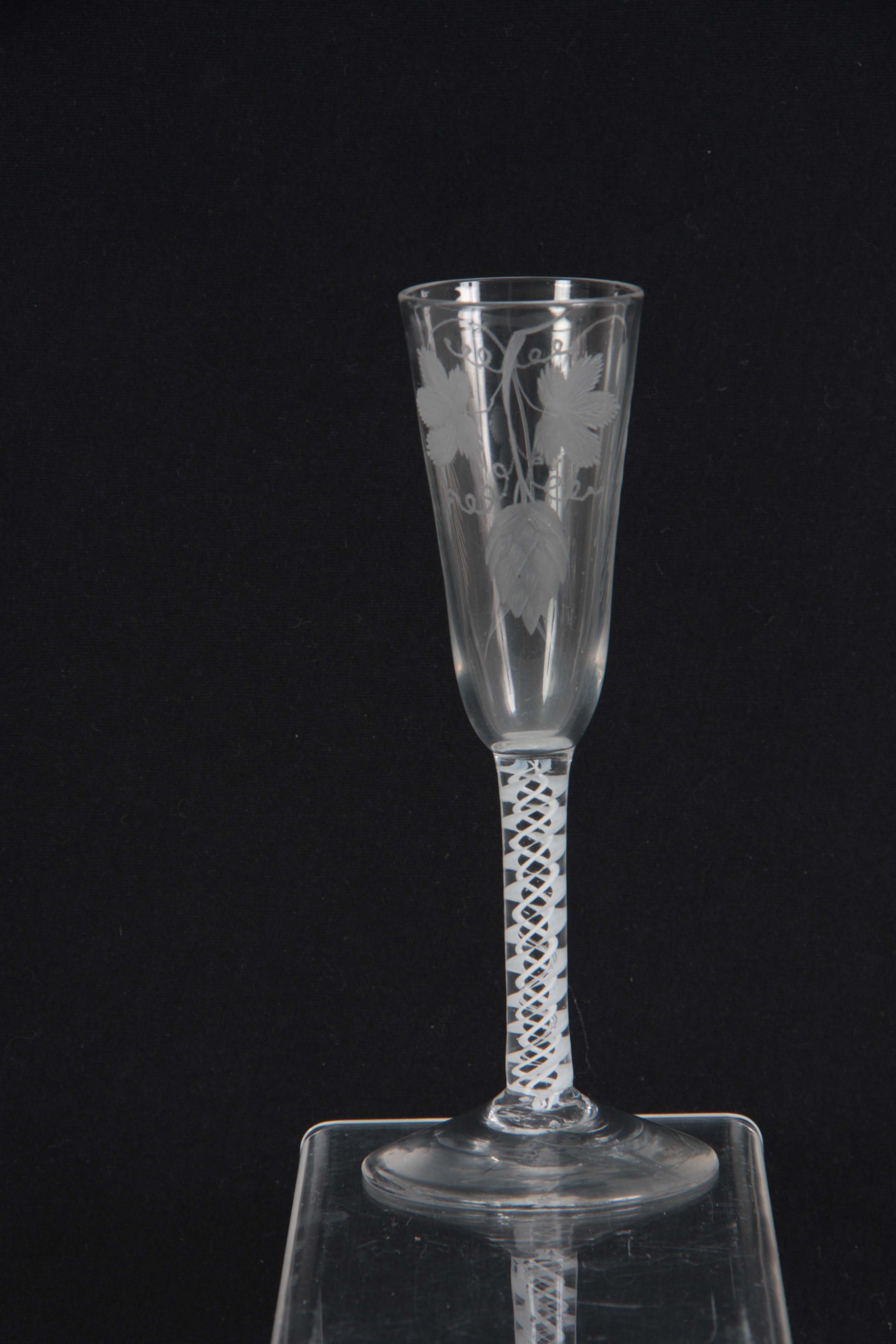 AN 18TH CENTURY TRIPLE OPAQUE AIR TWIST ALE FLUTE / WINE GLASS the bowl engraved with hops and - Image 2 of 5