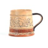 A LATE 19TH CENTURY ROYAL DOULTON STYLE MUG IN THE MANNER OF HANNAH BARLOW decorated with Cat and