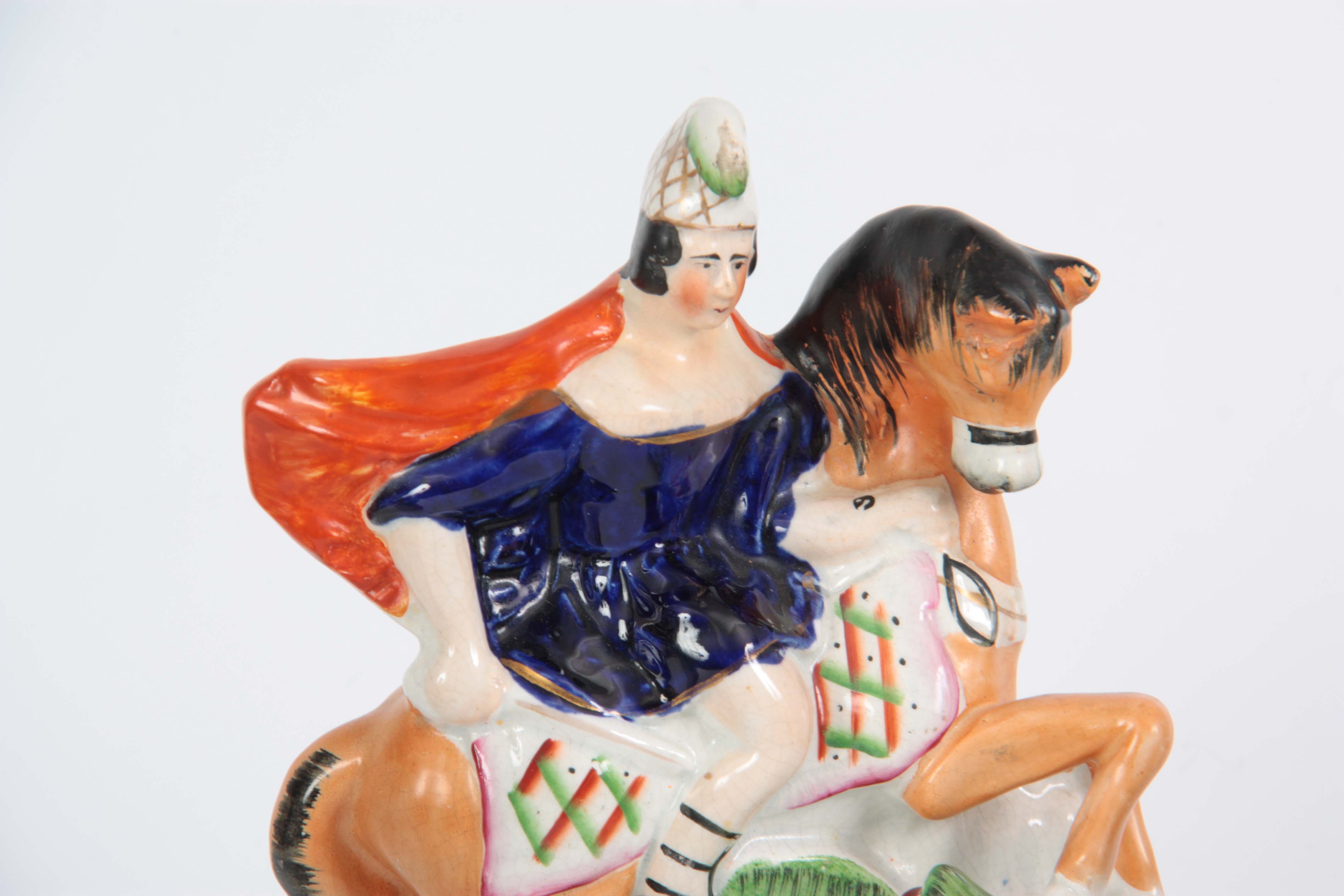 A SELECTION OF THREE 19TH CENTURY STAFFORDSHIRE EQUESTRIAN FIGURES comprising of a Turkish figure - Image 3 of 4