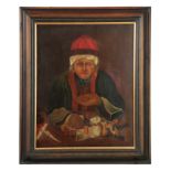 A LATE 19TH CENTURY OIL ON BOARD OF THE MONEY LENDER 54cm high 43cm - in a modern pine frame with