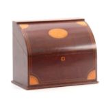 AN EDWARDIAN DOME FRONTED INLAID MAHOGANY STATIONARY BOX with fan inlaid corners and centre