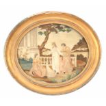 A GEORGE III OVAL SILK GROUND NEEDLEWORK PICTURE worked in varies stitches wit figures and a child
