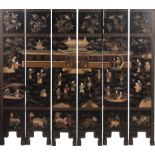 A 19TH CENTURY CHINESE BLACK LACQUER SIX PANEL FOL