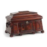 A FINE REGENCY ROSEWOOD EGYPTIAN REVIVAL TEA CADDY of sarcophagus form with gadrooned mouldings