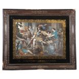 19TH CENTURY CONTINENTAL COLOURED PRINT. Figures in a sacrificial scene, scrolled gilt and titled