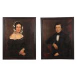 A PAIR OF 19TH CENTURY OIL ON CANVAS PORTRAITS OF A LADY AND GENTLEMAN 90cm high 70cm wide - in