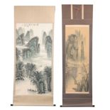 TWO MEIJI PERIOD JAPANESE WATERCOLOUR HANGING SCROLLS depicting mountain scenes with script and