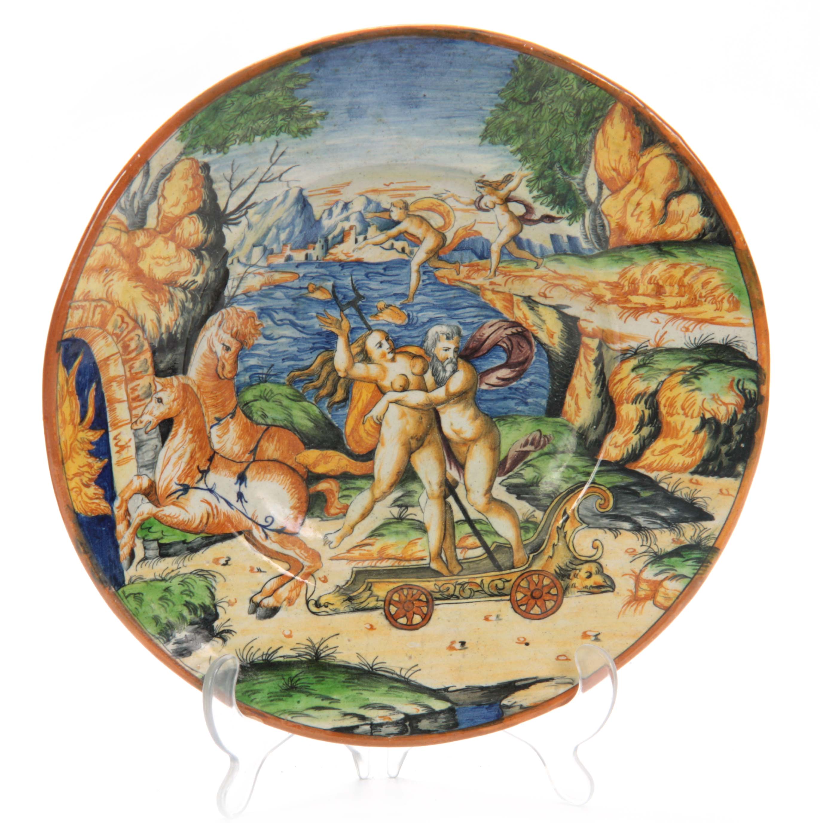 A 17TH CENTURY ITALIAN MAJOLICA POLYCHROME SHALLOW