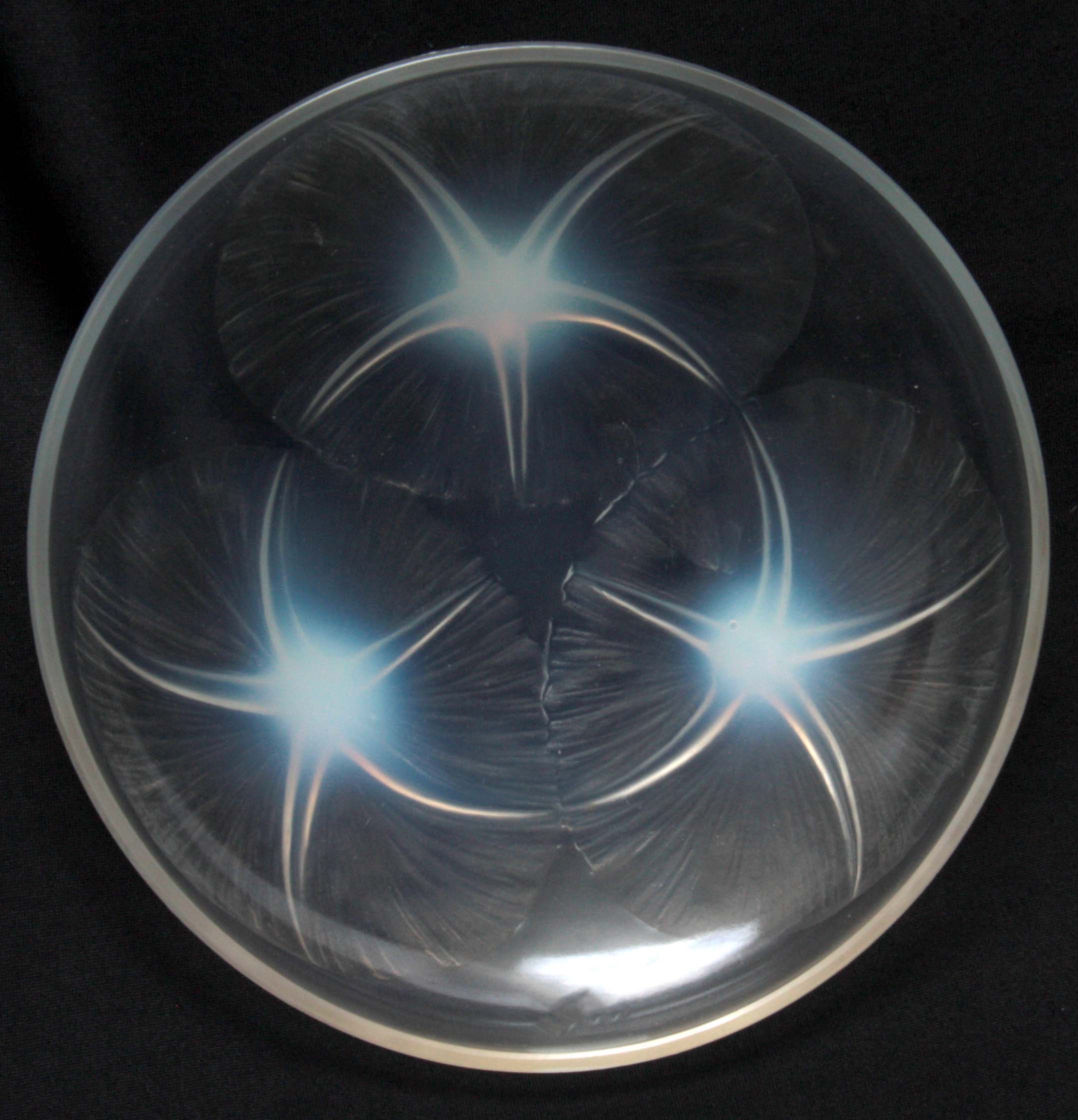 A R LALIQUE VOLUBILIS OPALESCENT GLASS DISH having Lily designs to the centre, signed with impressed