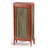 AN EARLY 19TH CENTURY LOUIS XI STYLE INLAID KINGWOOD SMALL SIDE CABINET with marble top and hinged