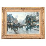 SEBASTIAN, A 20TH CENTURY OIL ON CANVAS a Paris street scene 49cm high, 74.5cm wide - mounted in a