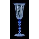 A FINE 20TH CENTURY BLUE STAINED DRINKING GLASS with fluted bowl engraved with a Gentleman set in