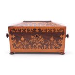 A 19TH CENTURY ROSEWOOD AND BURR MAPLE INLAID TEADCADDY with chamfered edge top with leaf work