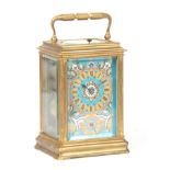 A LATE 19TH CENTURY FRENCH PORCELAIN PANEL REPEATING CARRIAGE CLOCK WITH ALARM the brass cannelee
