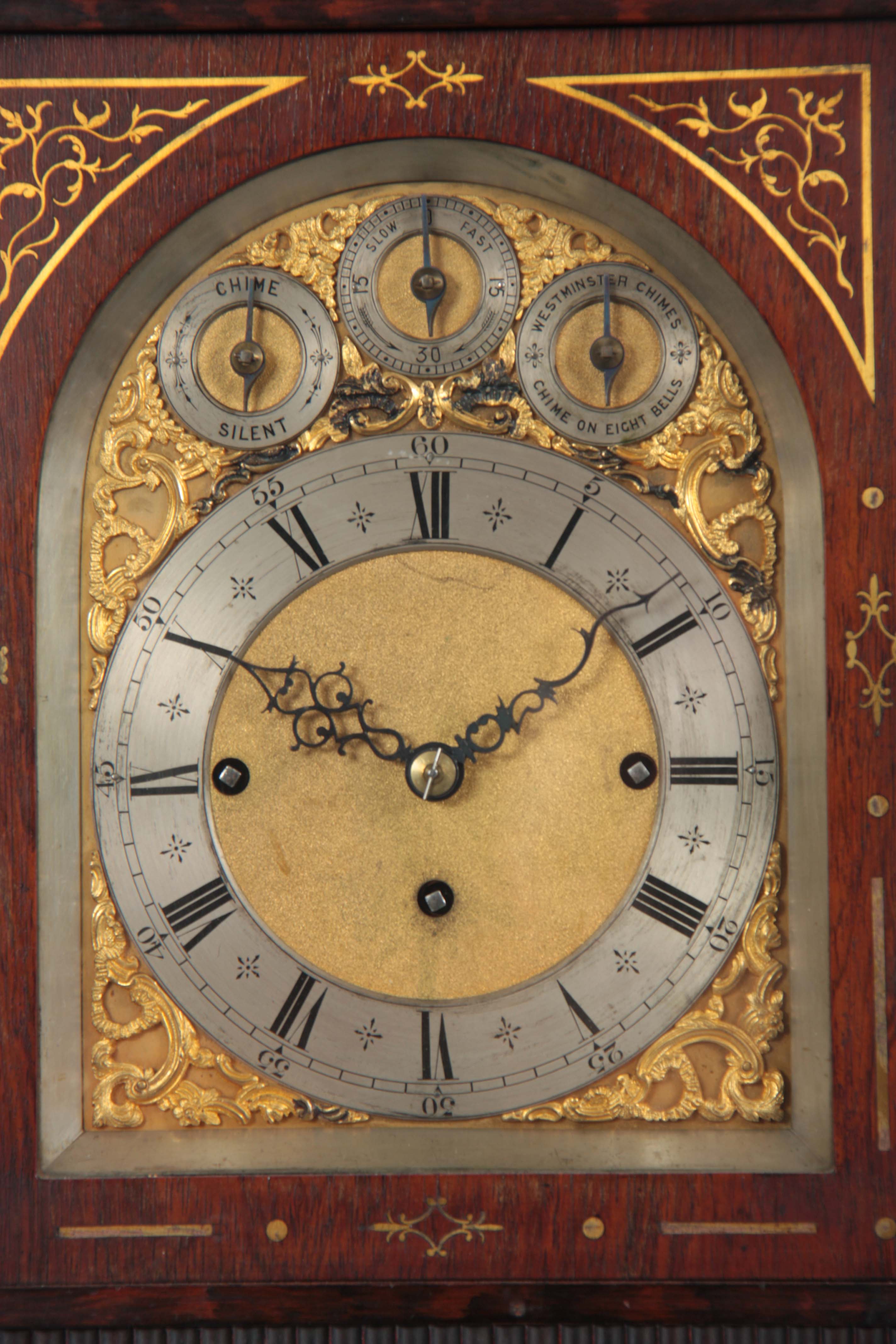 A LATE 19TH CENTURY ROSEWOOD BRASS INLAID EIGHT BELL QUARTER CHIMING BRACKET CLOCK the arched top - Image 5 of 8