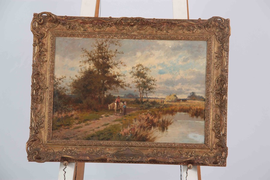 19TH CENTURY OIL ON CANVAS tree lined river landscape scene at harvest with horse and figures on a - Image 2 of 5