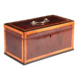 A GEORGE III MAHOGANY TEA CADDY with ebony, satinwood and kingwood crossbanding, the hinged lid with