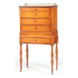 A 19TH CENTURY FRENCH BIRDS EYE MAPLE SIDE CABINET the galleried marble top above one shallow fitted