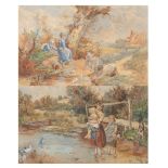 A PAIR OF 19TH CENTURY WATERCOLOURS wooded landscape scenes with children playing around ponds 22.