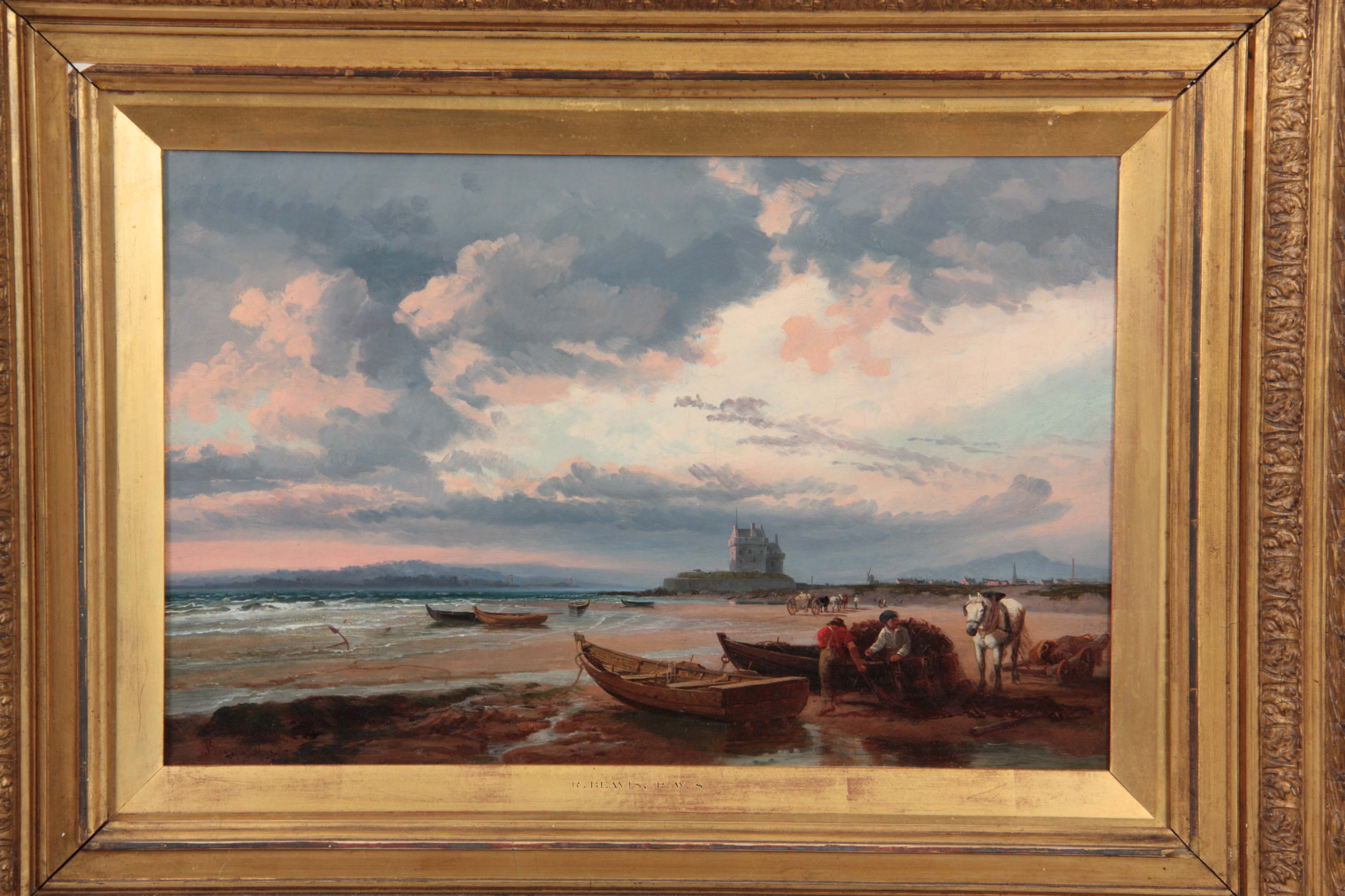 RICHARD BEAVIS 1824-1896. OIL ON CANVAS Beach scene with moored boats, fisherman and horse-drawn - Image 2 of 7