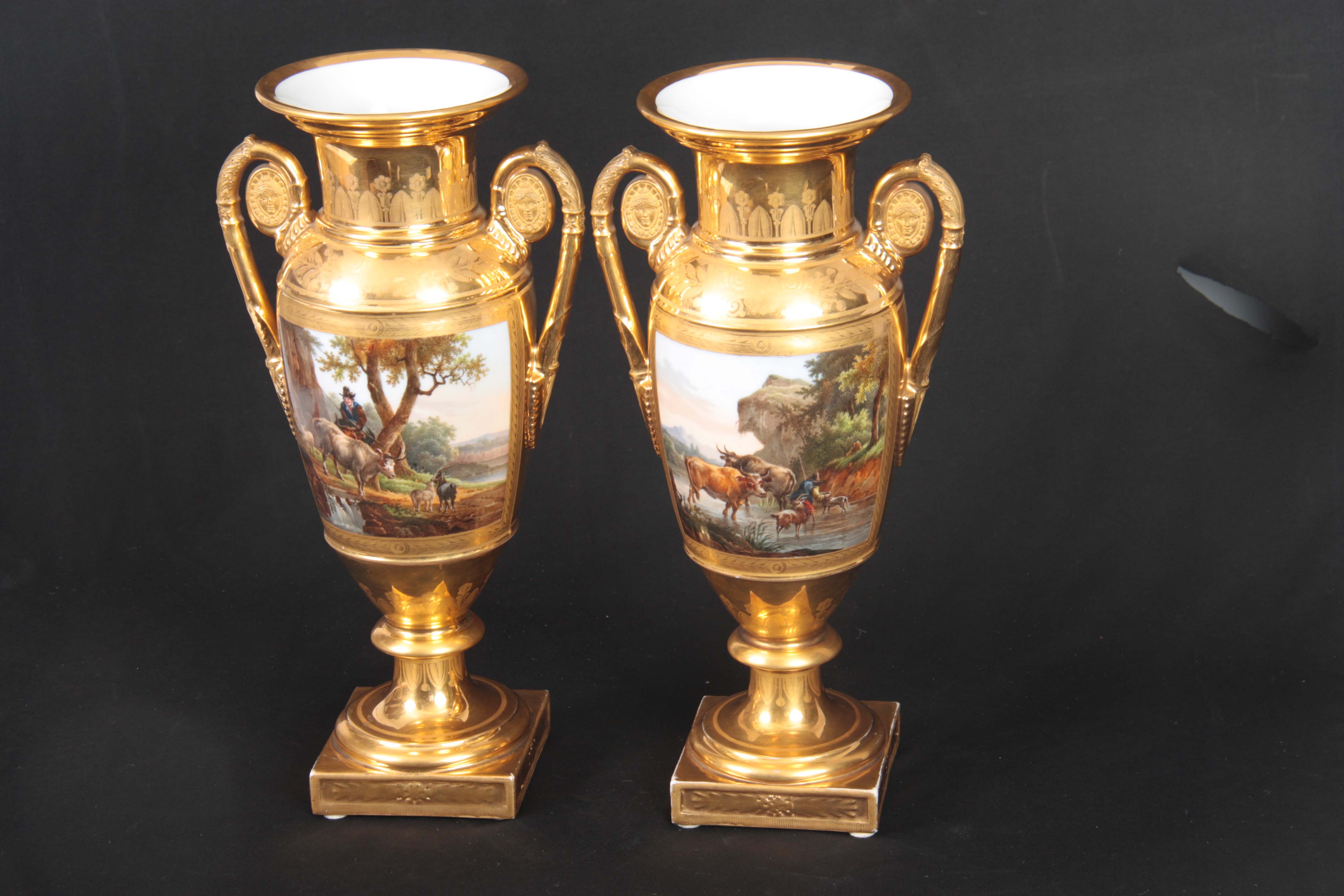 A PAIR OF EARLY 19TH CENTURY FRENCH EMPIRE PORCELAIN VASES of classical urn-shape with medallion-set - Image 3 of 12
