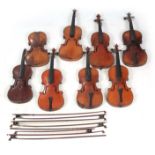 A COLLECTION OF 7 VIOLINS, 8 VIOLIN BOWS AND 1 VIOLIN BODY, the violin body being an interesting