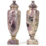 A LARGE PAIR OF 'BLUE JOHN TYPE' QUARTZ /FLUORSPAR STONE LIDDED URNS having tapering bodies