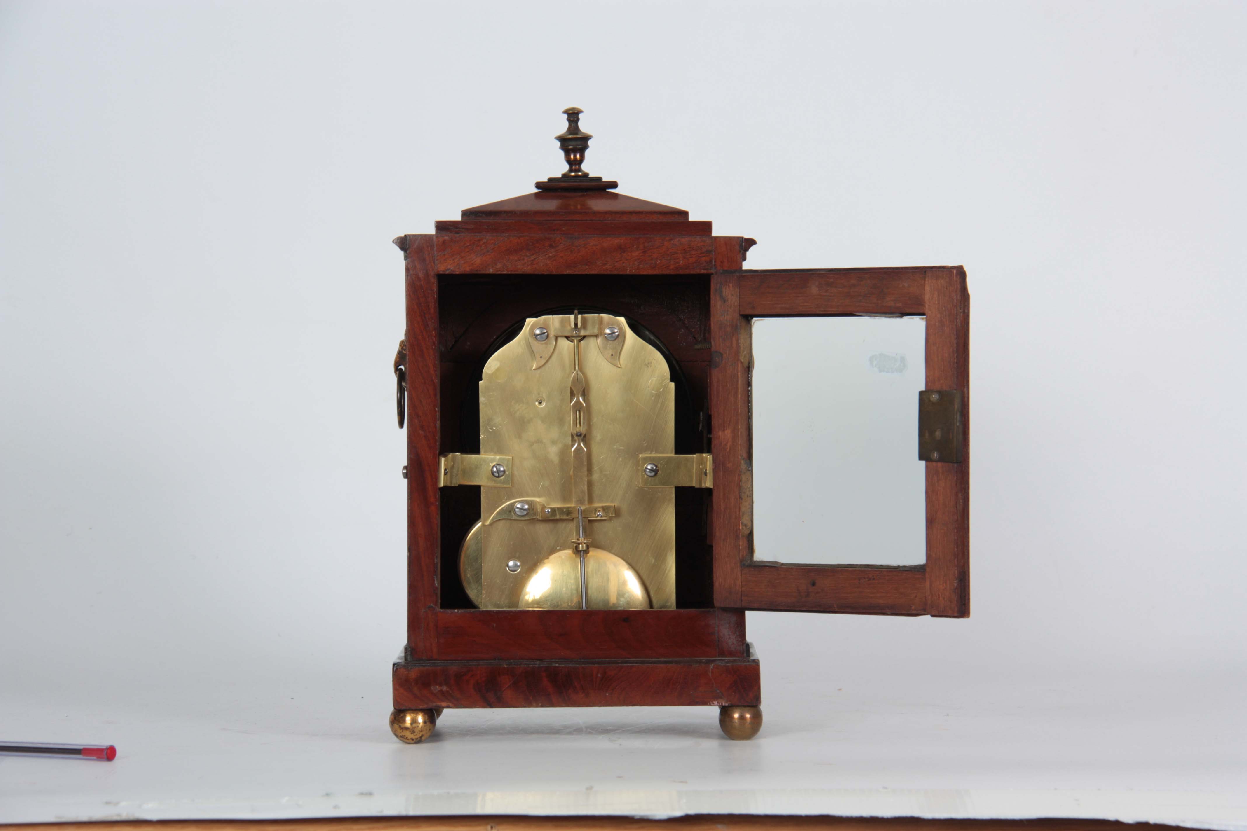 A GOOD REGENCY MAHOGANY STEPPED CHAMFER TOP AND BRASS MOUNTED BRACKET CLOCK OF SMALL SIZE with brass - Image 5 of 7