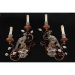 A PAIR OF ORNATE 19TH CENTURY VENETIAN STYLE GLASS AND GILT METAL TWO-BRANCH WALL LIGHTS with