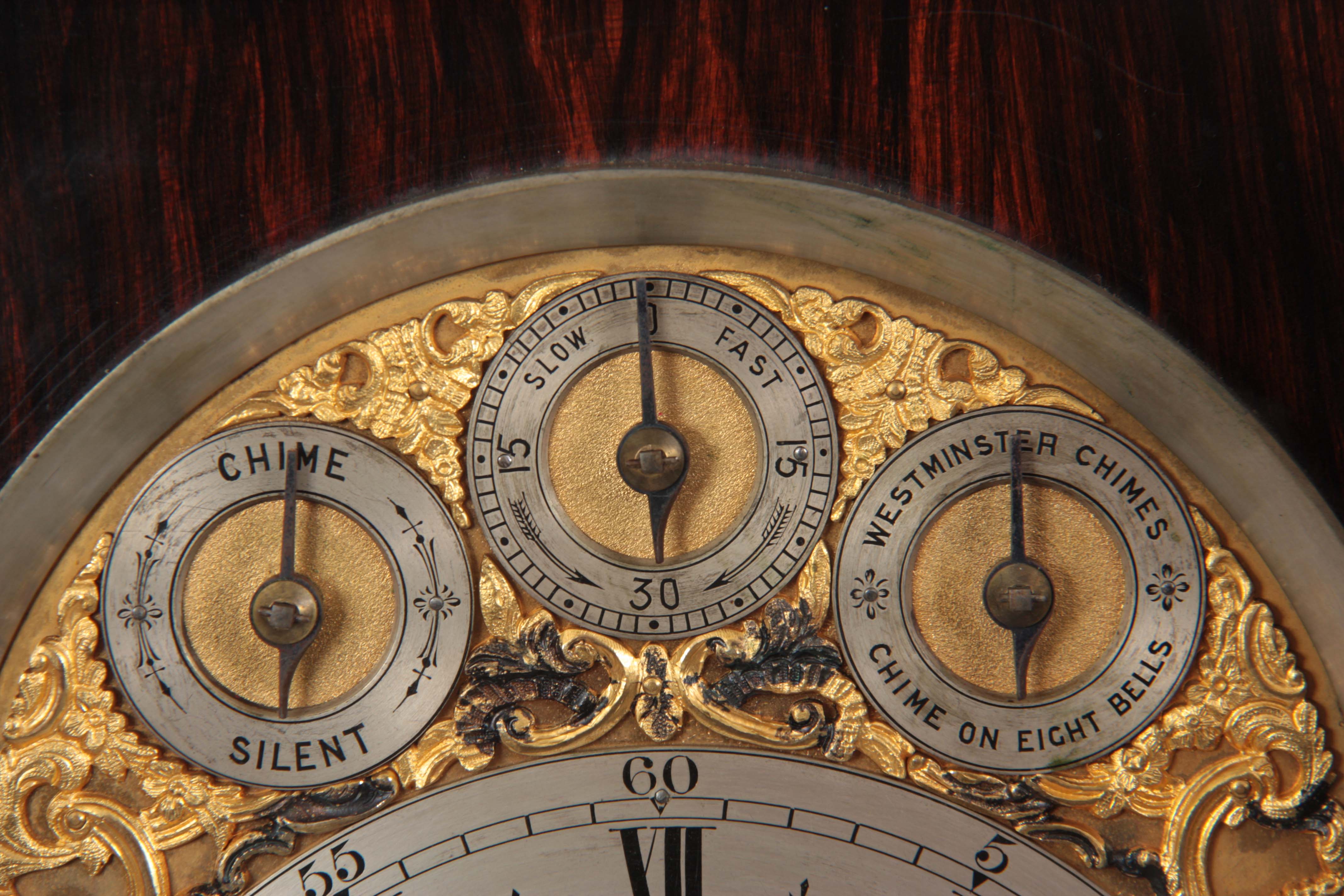 A LATE 19TH CENTURY ROSEWOOD BRASS INLAID EIGHT BELL QUARTER CHIMING BRACKET CLOCK the arched top - Image 6 of 8