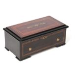 A 19TH CENTURY INLAID EBONIZED AND SIMULATED ROSEWOOD MUSICAL BOX the 6" (15.5cm) pin barrel with
