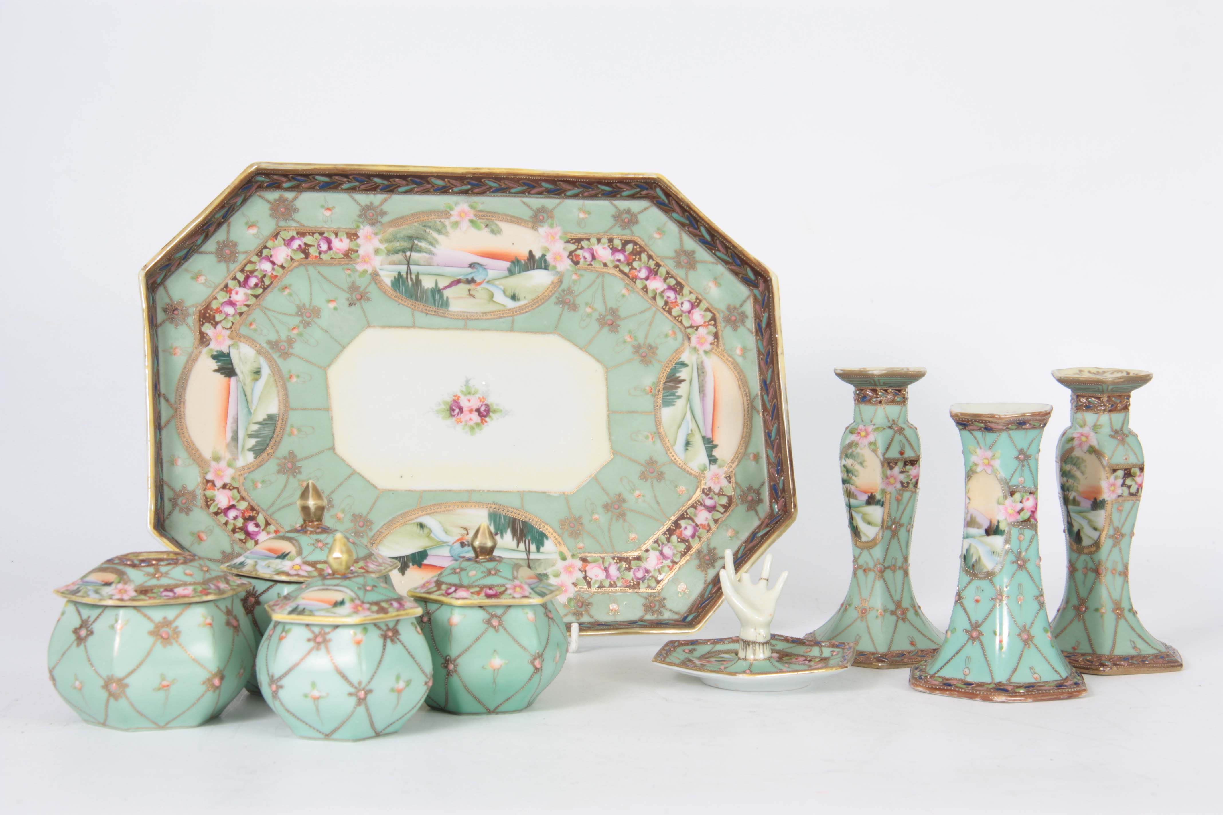 A JAPANESE NORITAKE TRINKET SET having a duck egg blue ground and floral band decoration inset - Image 2 of 8