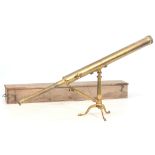 AN EARLY 19TH CENTURY LACQUERED BRASS 2.5" REFRACTING TELESCOPE with rack and pinion rise and fall
