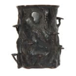 A 19TH CENTURY JAPANESE PATINATED BRONZE BRUSH POT realistically cast as a tree stump entwined