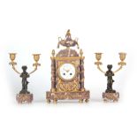 LE ROY, PARIS A LATE 19TH CENTURY FRENCH MARBLE, ORMOLU AND BRONZE GARNITURE MANTEL CLOCK the case