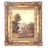 19TH CENTURY OIL ON CANVAS river landscape scene with angler 23.5cm high 18cm wide indistinctly