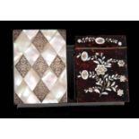 A 19TH CENTURY MOTHER-OF-PEARL AND SILVER CIGARETTE CASE having diamond shape veneers and matching