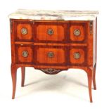 A 19TH CENTURY KINGWOOD AND ROSEWOOD FRENCH COMMODE OF SMALL SIZE with moulded white veined marble