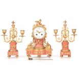 A LATE 19TH CENTURY FRENCH MARBLE AND ORMOLU GARNITURE MANTEL CLOCK the case surmounted by a