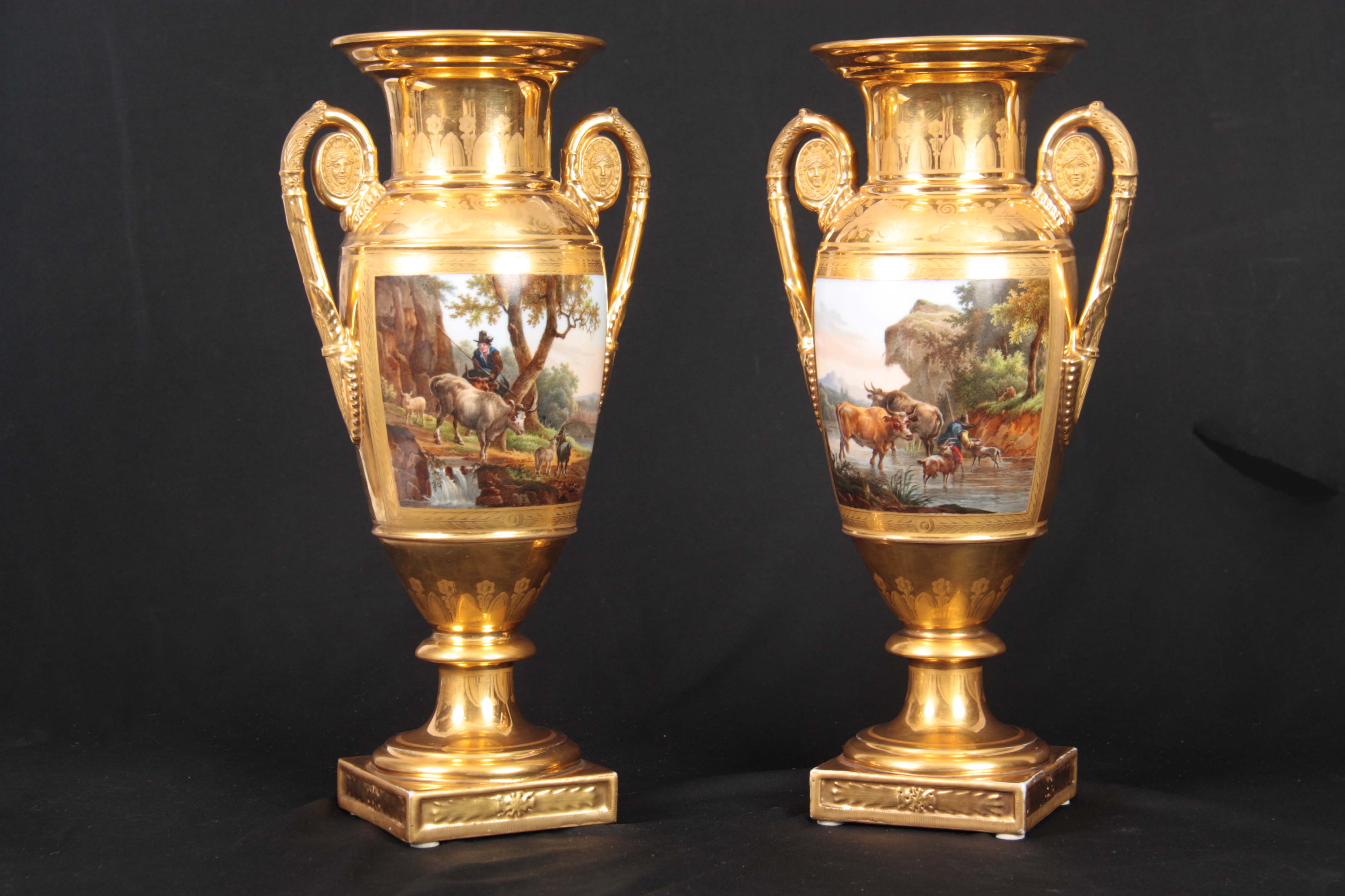 A PAIR OF EARLY 19TH CENTURY FRENCH EMPIRE PORCELAIN VASES of classical urn-shape with medallion-set - Image 7 of 12