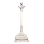 A GEORGE V SILVER TABLE LAMP with reeded corinthian column stem on a square stepped base with beaded